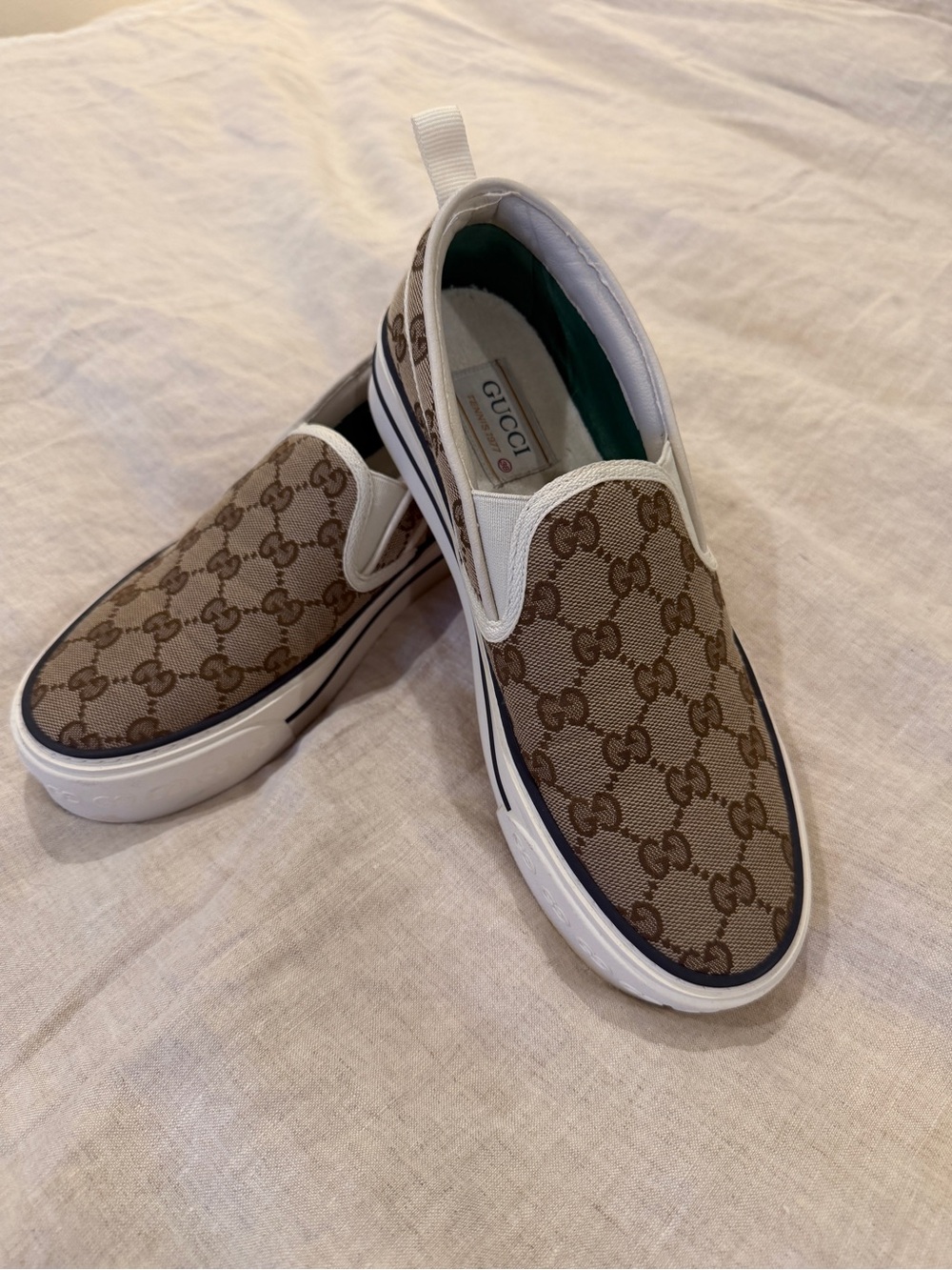 Gucci Brown GG Canvas Slip-On Loafers with White Trim